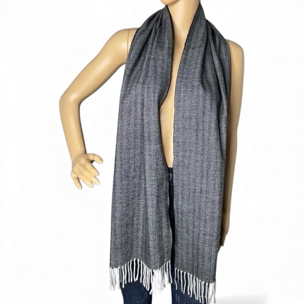 Cashmere Feel Black and White Herringbone Scarf With Fringe 100% Acrylic